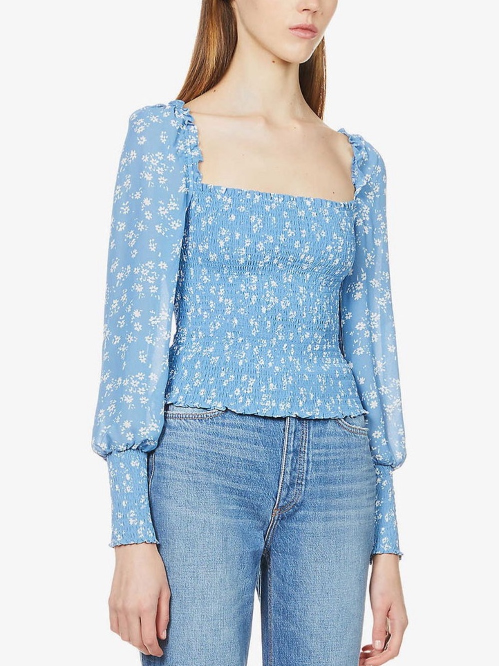 Reformation Pinto Blue Floral-Print Smocked Crepe Top Size XL